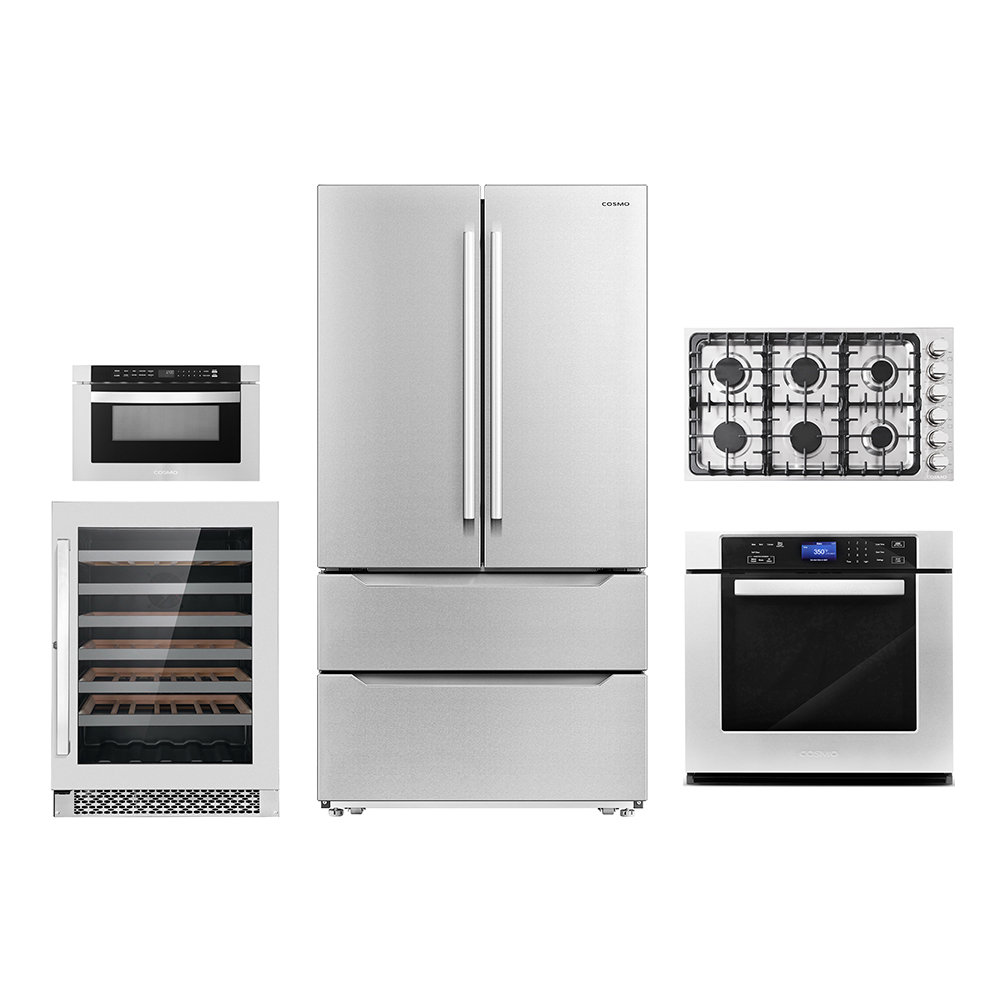 5 Piece Kitchen Package with French Door Refrigerator & 36" Gas Cooktop & Wall Oven Cosmo
