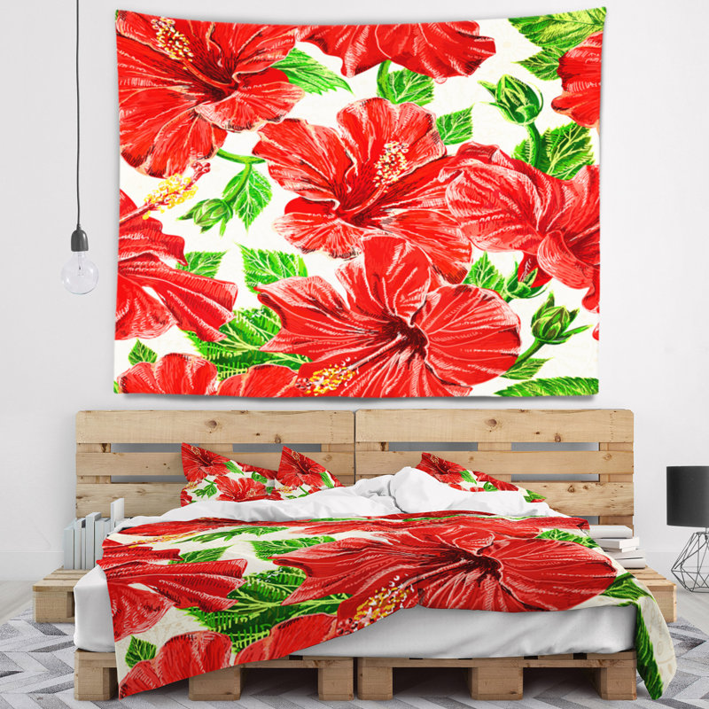 Tapisserie fleur hibiscus en polyester sans soudure avec accessoires suspendus inclus, 32" H x 39" W