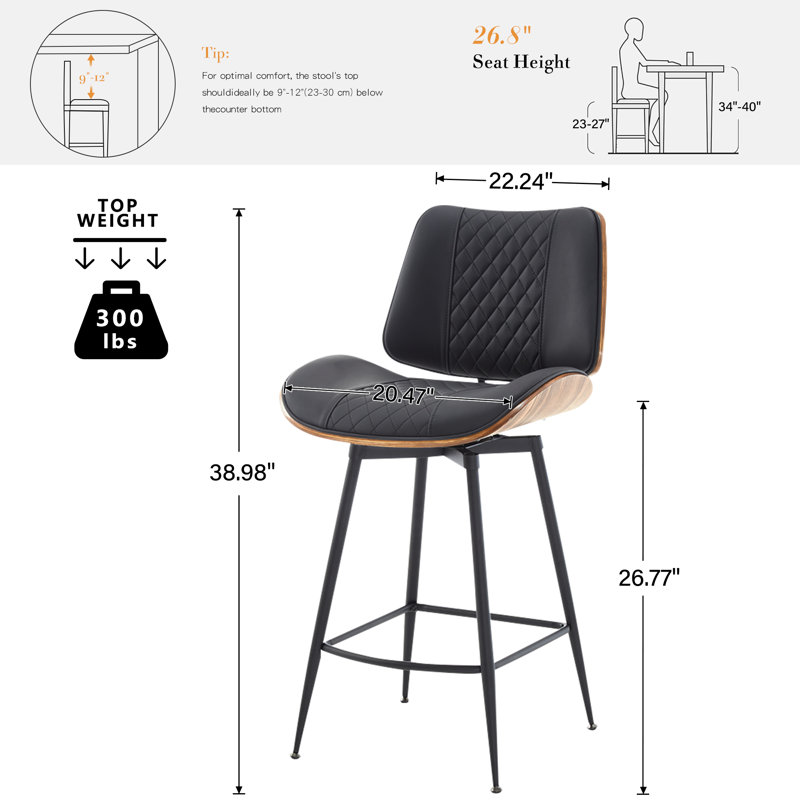 26" Modern Swivel Counter Stool, Black