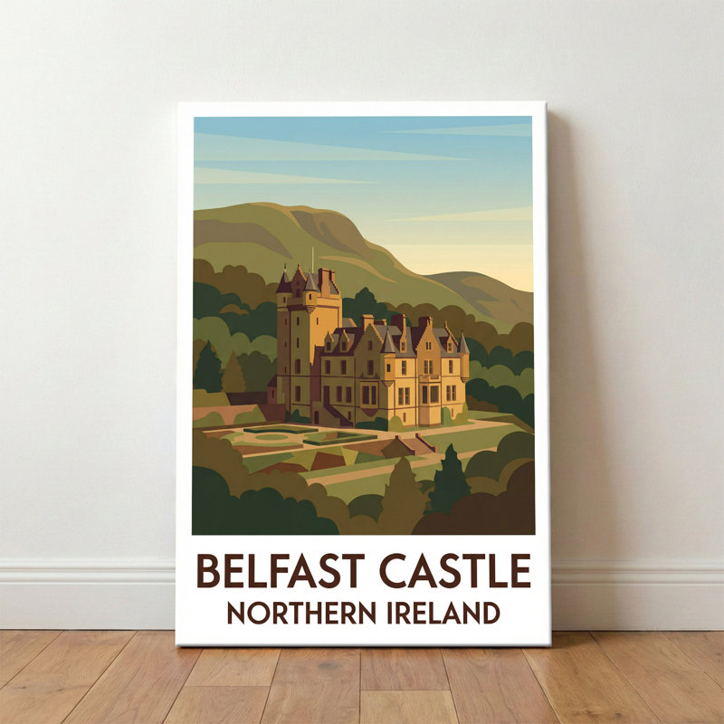 Belfast Castle, Northern Ireland - Romantic Travel Poster of the Castle on Cave Hill. Giclee Print on Wrapped Canvas. Wall Art, Home Decor - Castles & Palaces, Northern Ireland 1 Piece Wrapped Canvas Wall Art