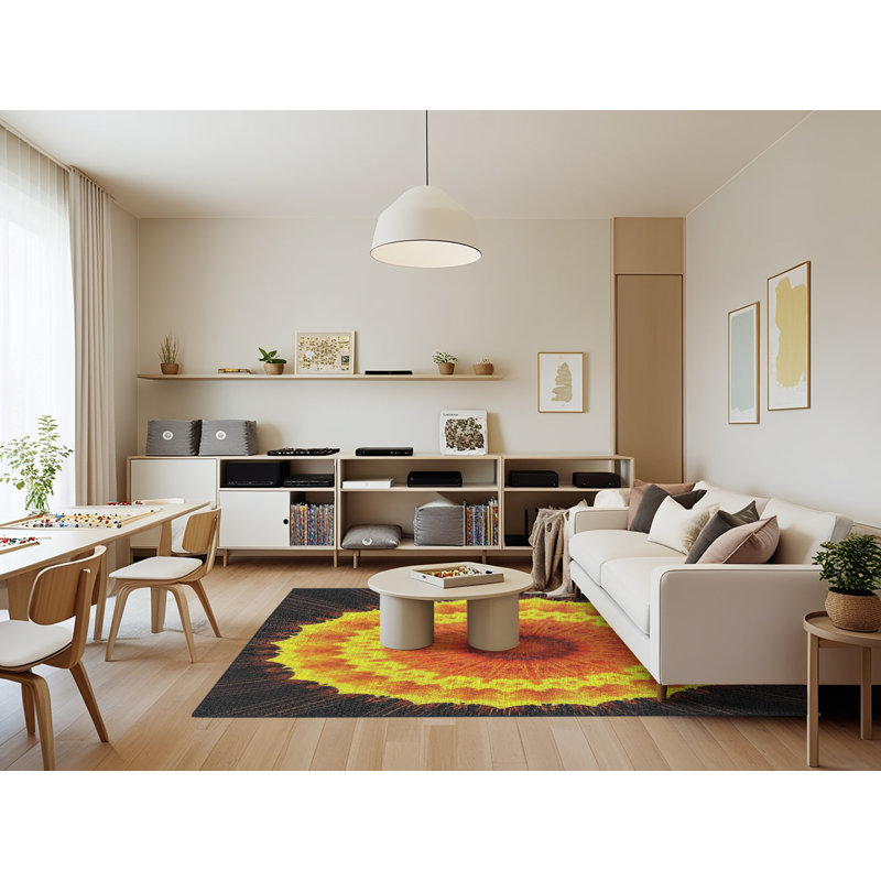 Tapis noir/jaune/orange tissé à la machine, Rectangle 7 pi x 9 pi