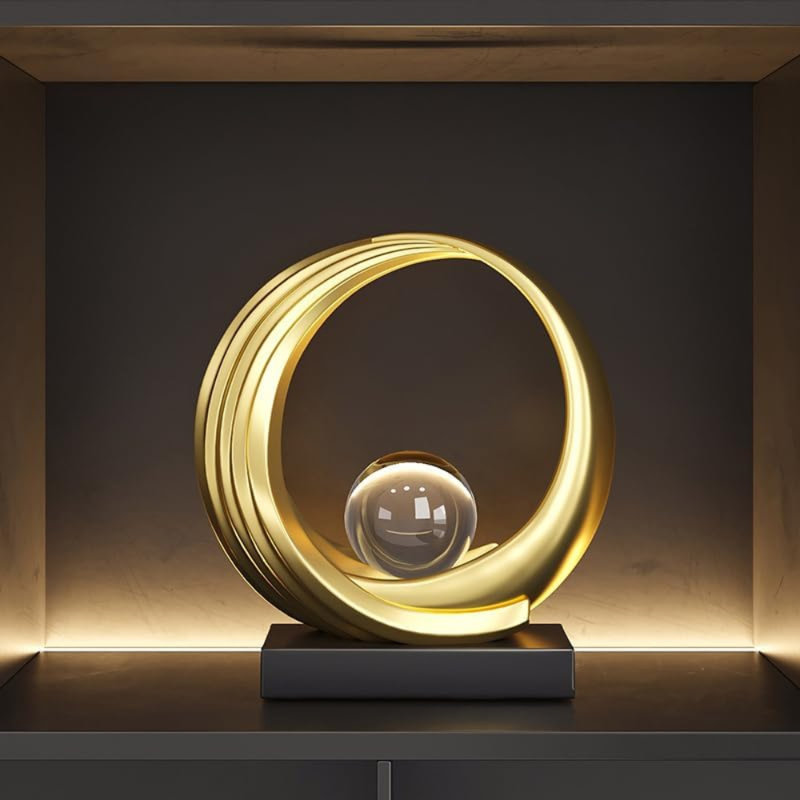 Modern Abstract Golden Circle Crystal Ball Sculpture