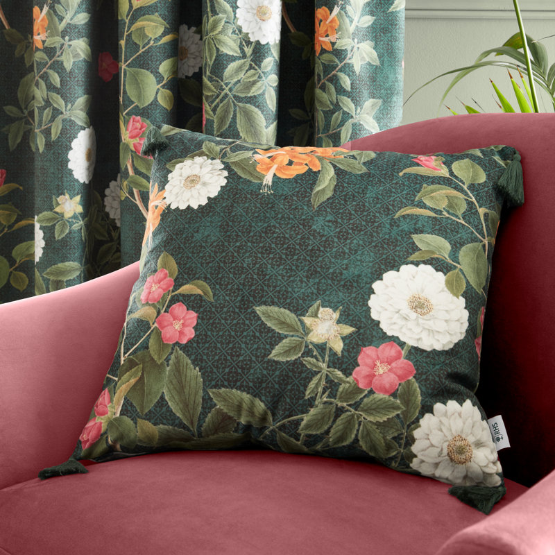 Arcadia Floral Tassel Soft Touch Recycled Polyeste Floral Green Square Throw Cushion