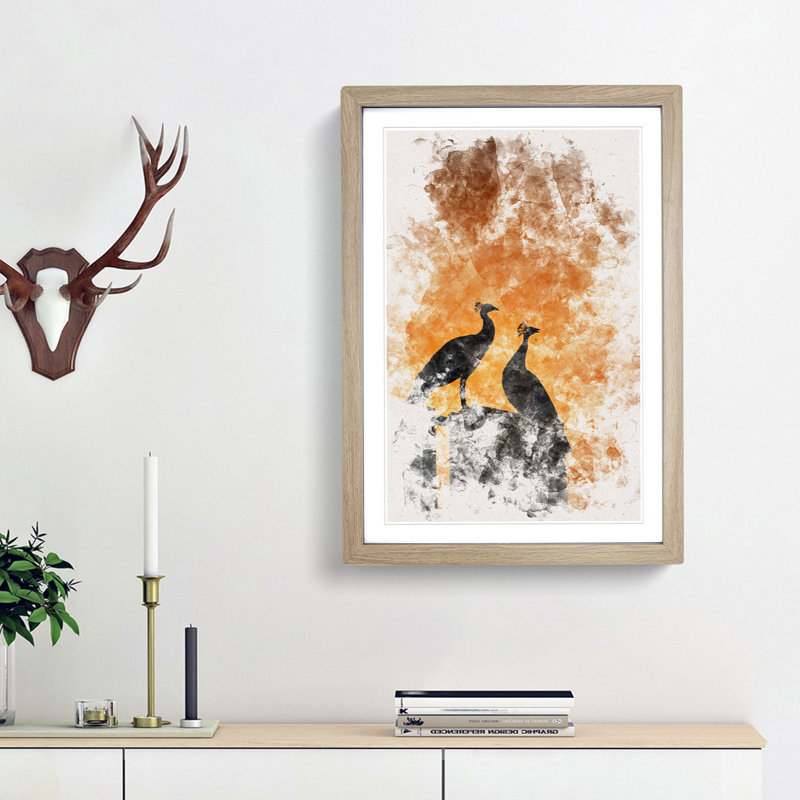 Silhouette of Two Peacocks - Picture Frame Painting Print, Oak Framed, 87cm H x 62cm W x 2cm D