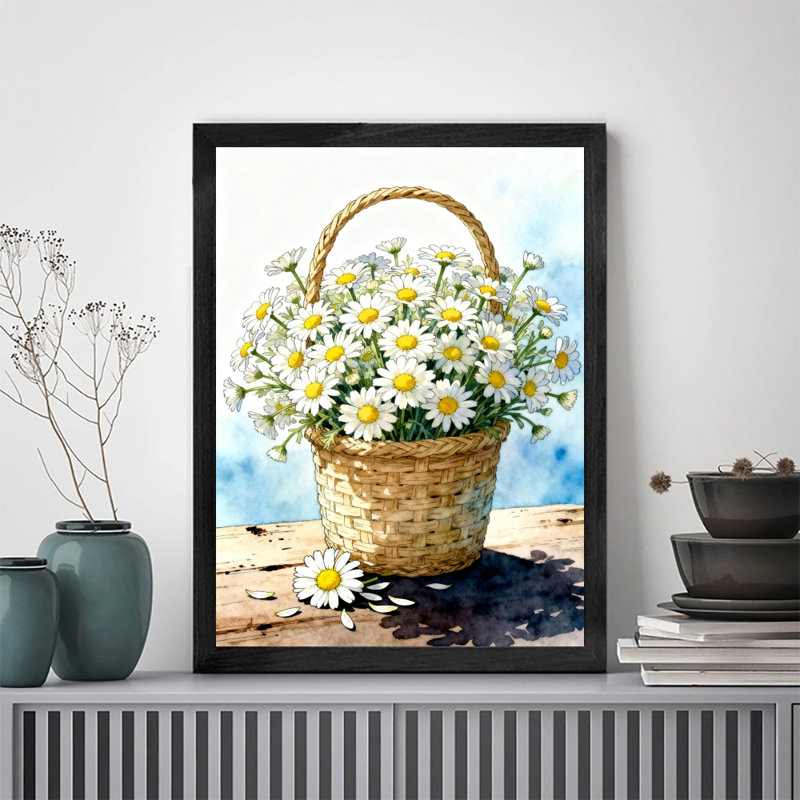 Art encadré noir, panier de fleurs rempli de marguerites, impressions de style rétro, H 11 po x l 9 po