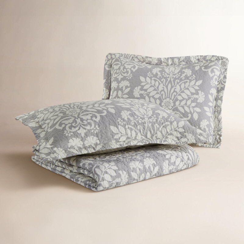 Laura Ashley Rowland Cotton Reversible Quilt Set, Full/Queen Coverlet + 2 Standard Shams, White/Gray