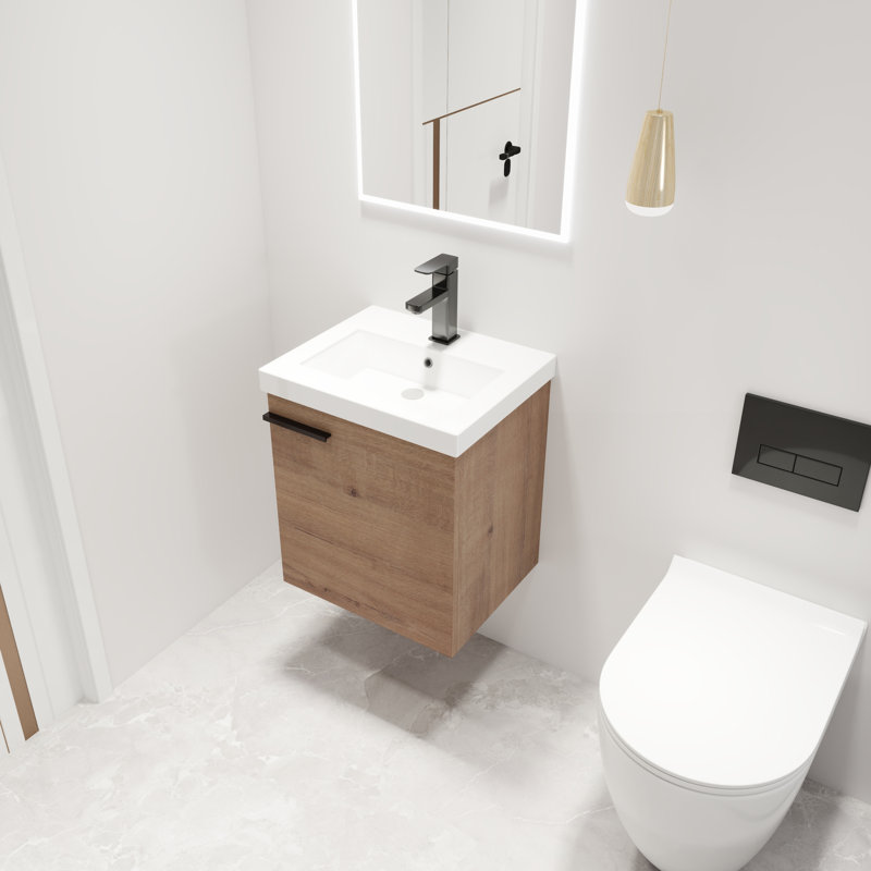  Deyvi 18" Single Sink Wall Mounted Bathroom Vanity,Floating Vanity With 1 Door,White Ceramic Top, Light Brown