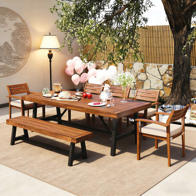 Ensemble repas d'extérieur en bois pour 7 à 8 personnes, avec coussins amovibles, chaises ergonomiques et banc, table plus épaisse