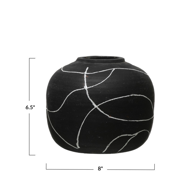 Glenlee Round Decorative Terra-Cotta Vase with Hand-painted Intersecting Lines