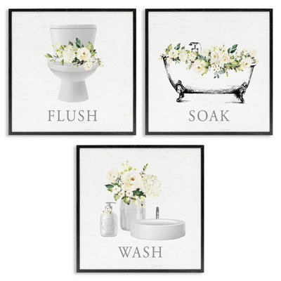 «Flush Soak Wash Bathroom Rules», ensemble de 3 impressions sur toile encadrées