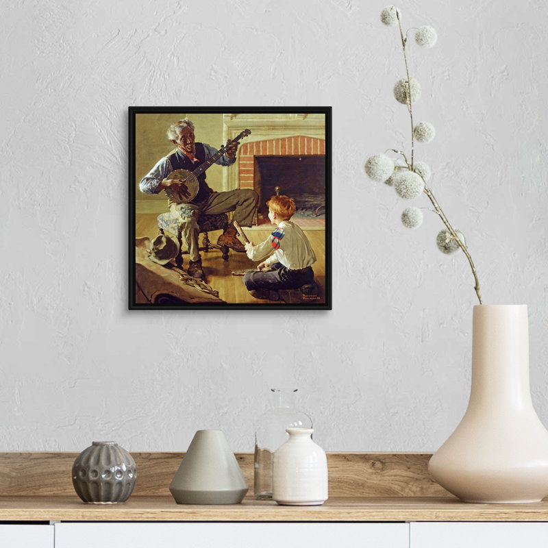 Norman Rockwell, le joueur de banjo, art mural sur toile, H 14 po x l 14 po x P 1,75 po, Cadre flottant noir