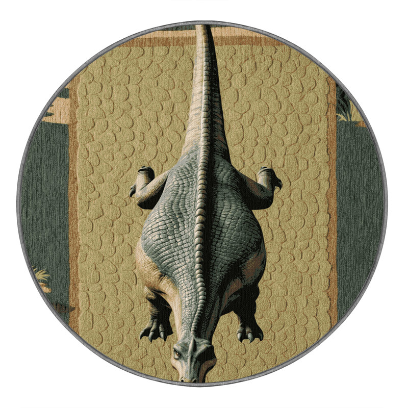 Tapis brun dinosaures lavable à la machine, Rond 4 pi