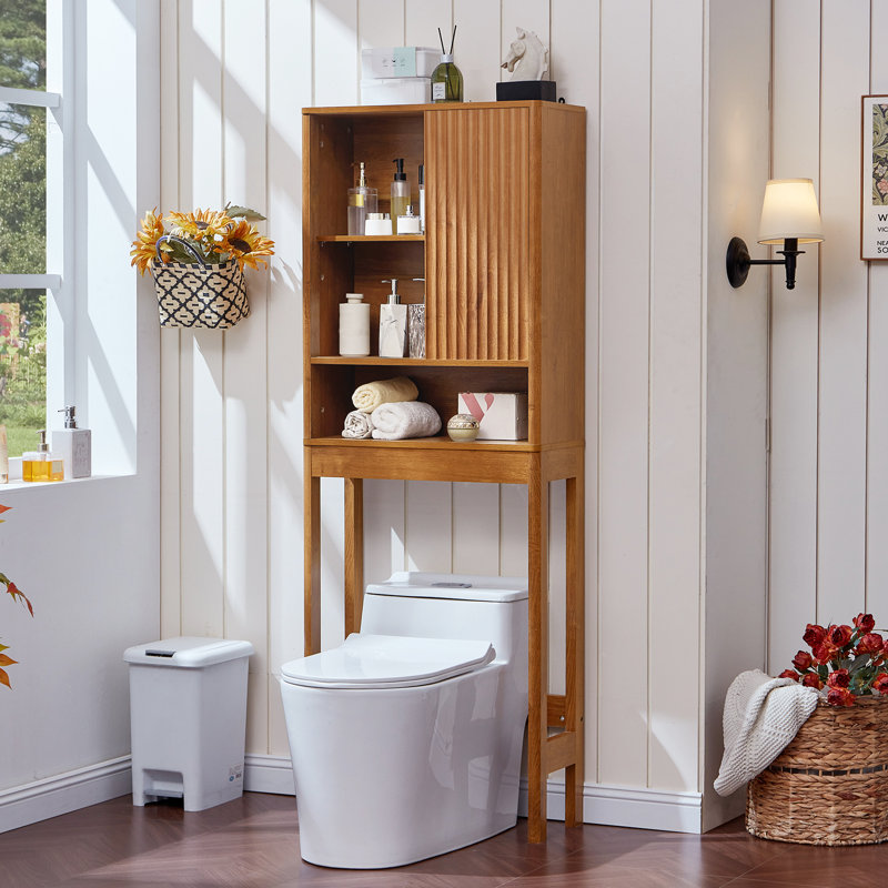 Fluted Over The Toilet Storage Cabinet, Farmhouse Over Toilet Bathroom Organizer With Sliding Door, 68" Tall Freestanding Washer Shelf With Adjustable Shelf & Curved Profile
