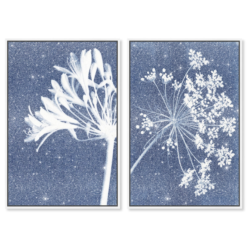 Cyan Flowers Set Set by Oliver Gal, 37"H x 55"W, White Floater Frame