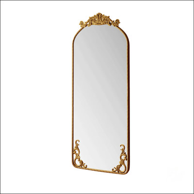 Arched Full Body Mirror With Vintage Carved Applique, Wall Mounted For Home Decor