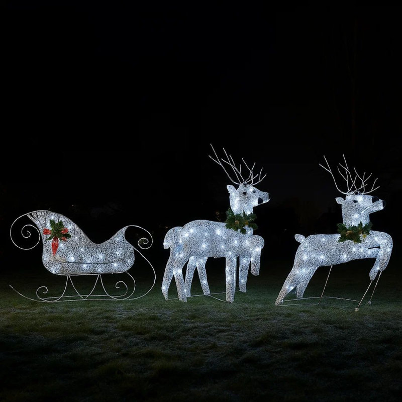Décoration de Noël extérieur pour renne et traîneau, 60 lumières DEL argentées