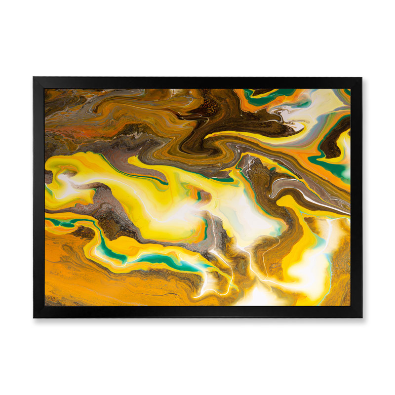 Kaki vif et marbre jaune - peinture sur toile, H 24 po x l 32 po, Cadre noir