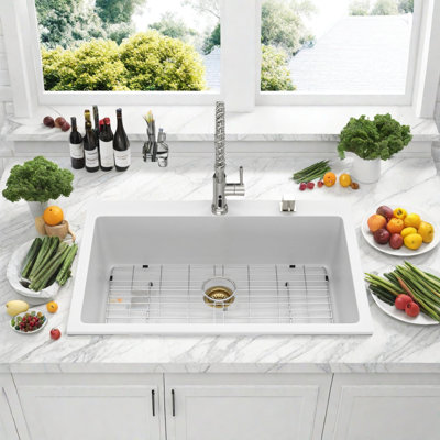 White Quartz Composite Drop-In Kitchen Sink 33x22 Inch – Large Single Bowl, Stain Proof, Durable Quartz