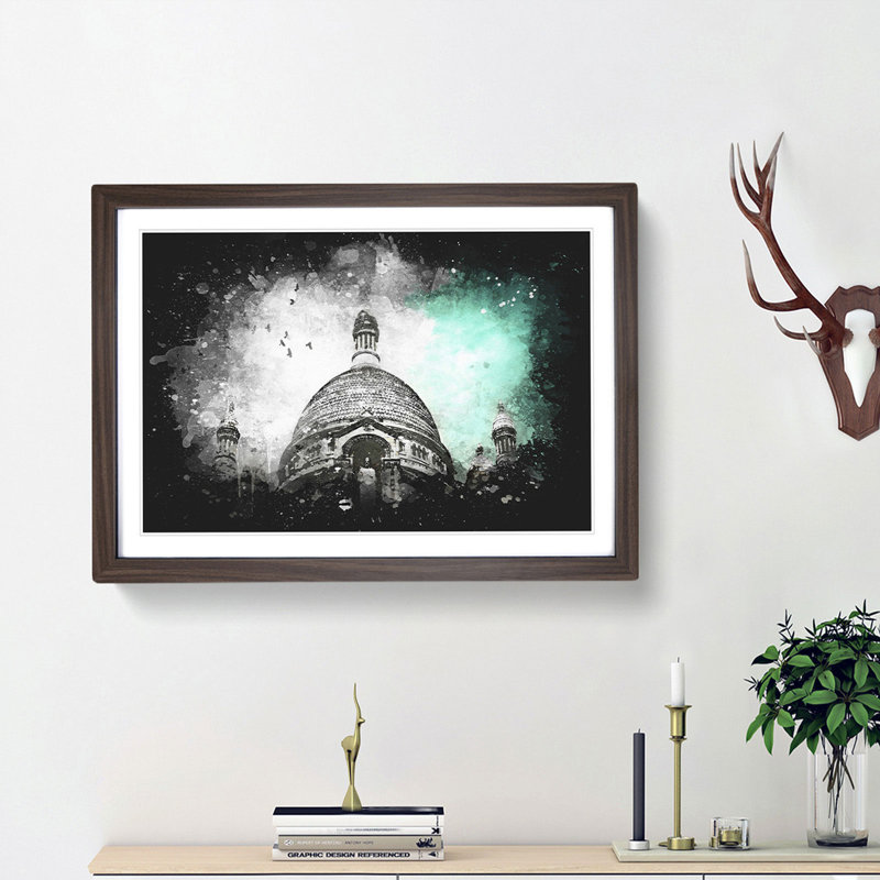 Birds Above Sacre Coeur Paris Paint Splash - Framed Print, 45cm H x 63cm W x 2cm D, Walnut Framed