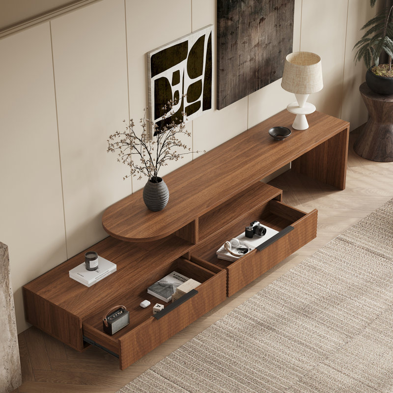 96.5 "-126" Extendable Tv Stand For Tvs Up To 85", Mid-Century Walnut Entertainment Center With 2 Drawers, Tv Media Console Table For Living Room, Bedroom