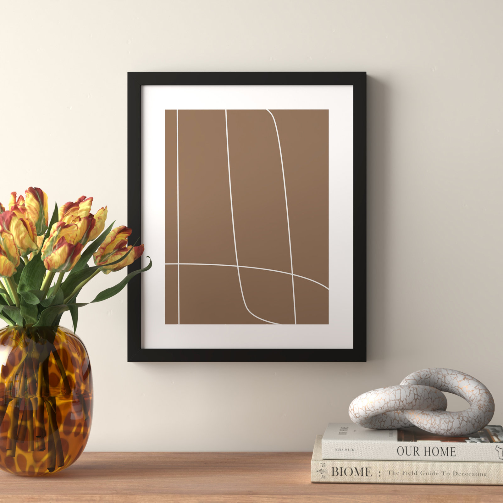 Modern Line Abstract 2 Mushroom Brown by The Creative Bunch Studio, 17" H x 14" W, White Framed