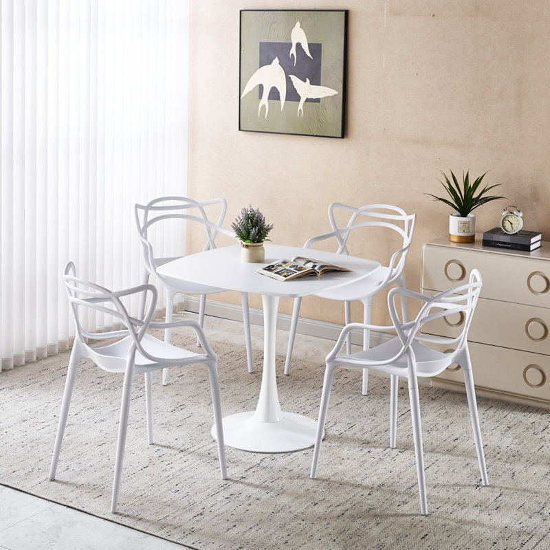 Table de salle à manger 5 pièces, table à piédestal Mid-Century avec pieds en métal, table de loisirs blanche, conception simple à assembler, café à nettoyage rapide, facile à assembler et à nettoyer
