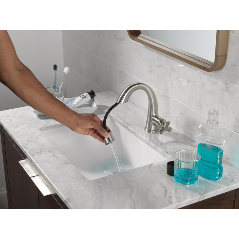 Robinet de salle de bain à un trou avec douchette extractible Stryke, Argent argent