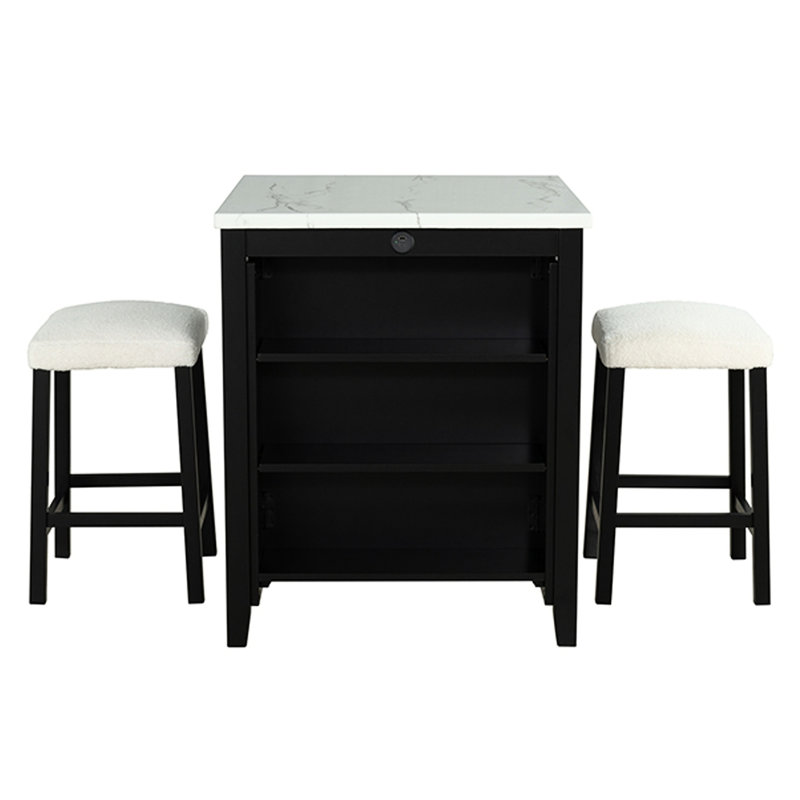 3 pièces: table haute brillance avec tabourets en tissu noir / blanc / rectangulaire