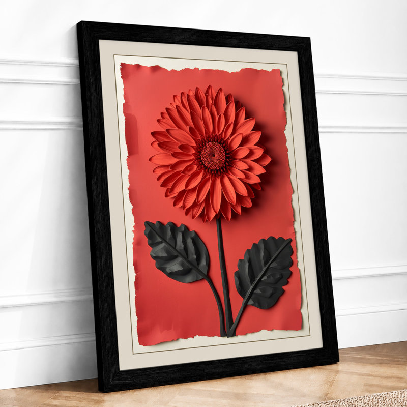 Red Gerbera Bloom Botanical - Print, A1 - 84.1 x 59.4 cm, Black