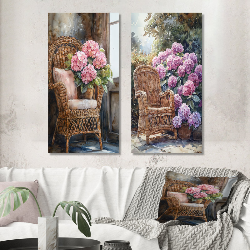 Hortensias avec meubles en rotin I - Collection d'art mural floral 2 pièces, H 40 po x l 41 po, Toile tendue