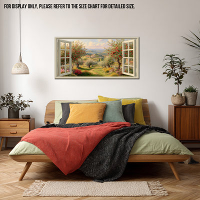  Fenêtre, paysage printanier, art mural, toile de fleur de cerisier rustique, art panoramique, peinture vibrante de paysage naturel pour le salon, 12 x 24 pouces