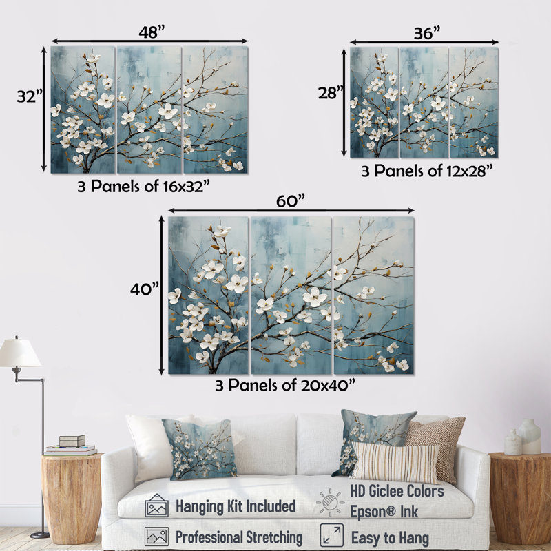White Dogwood Blossom Escape II - ensemble d'art mural cornouiller, H 28 po x l 36 po x P 1 po, Toile tendue