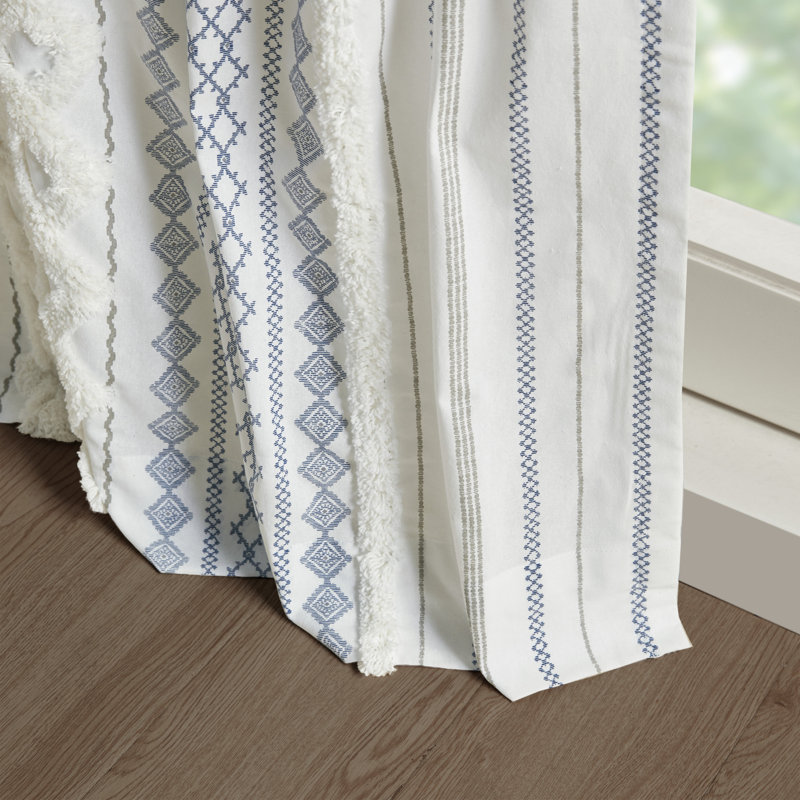 Ivory and Navy Cotton Chenille Stripe Light-Filtering Curtain Panel