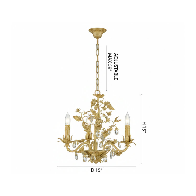 Luminaire suspendu en or 3 lumières avec détails en cristal transparent