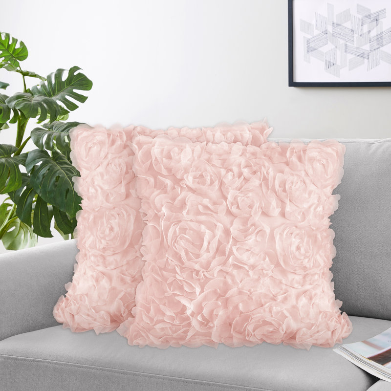 Blush Pink Floral Rose Square Throw Pillow Set