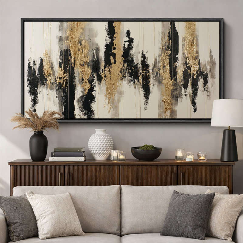 «Black Gold Abstract Design Art», reproduction d'art sur toile encadrée extra large, Cadre flottant noir