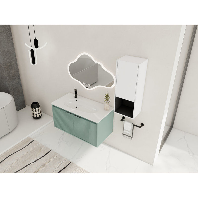 Meuble-lavabo flottant 36 po avec lavabo en résine et unité latérale 36 po / blanc, contemporain, tiroir à finition en contreplaqué à fermeture douce, design moderne