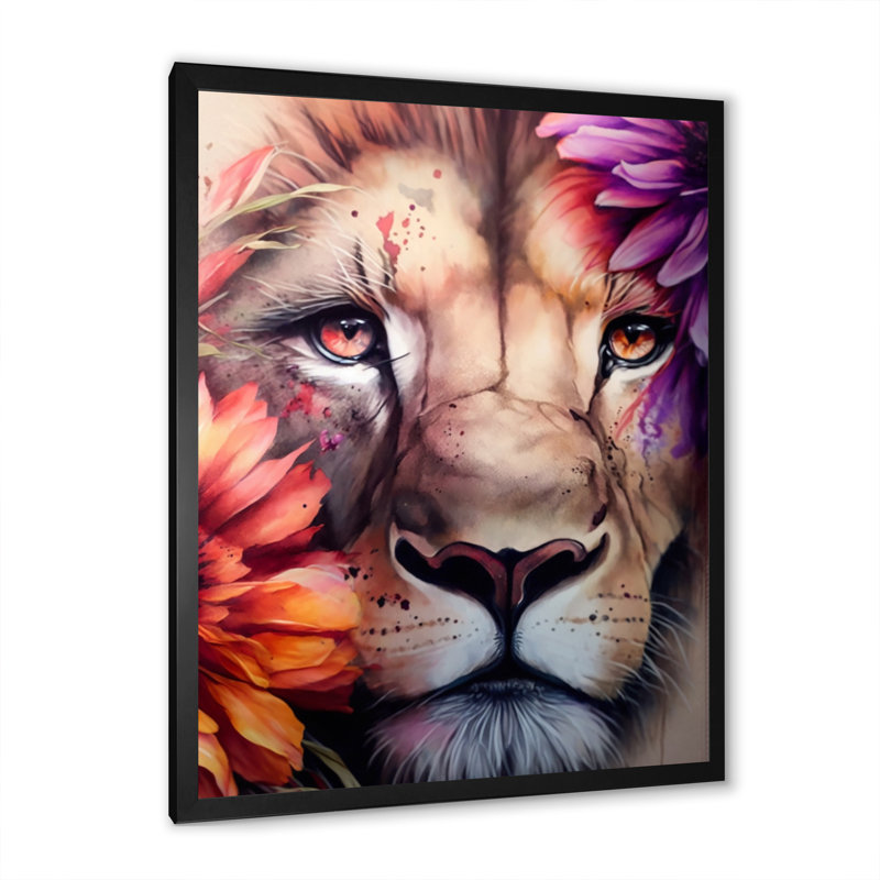 Portrait de lion avec fleurs I - reproduction sur toile, H 32 po x l 24 po x P 1 po, Impression noire sur toile encadrée