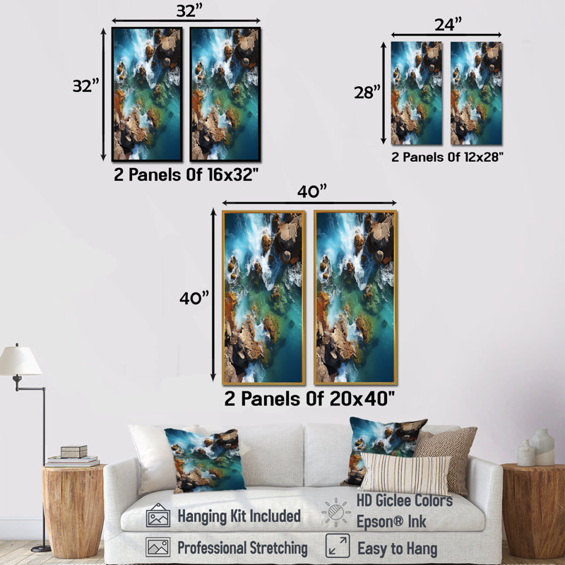 Coral Dreams Coastal Aériel Views I - Coastal Beach, ensemble de 2 reproductions d'art sur toile, Cadre noir