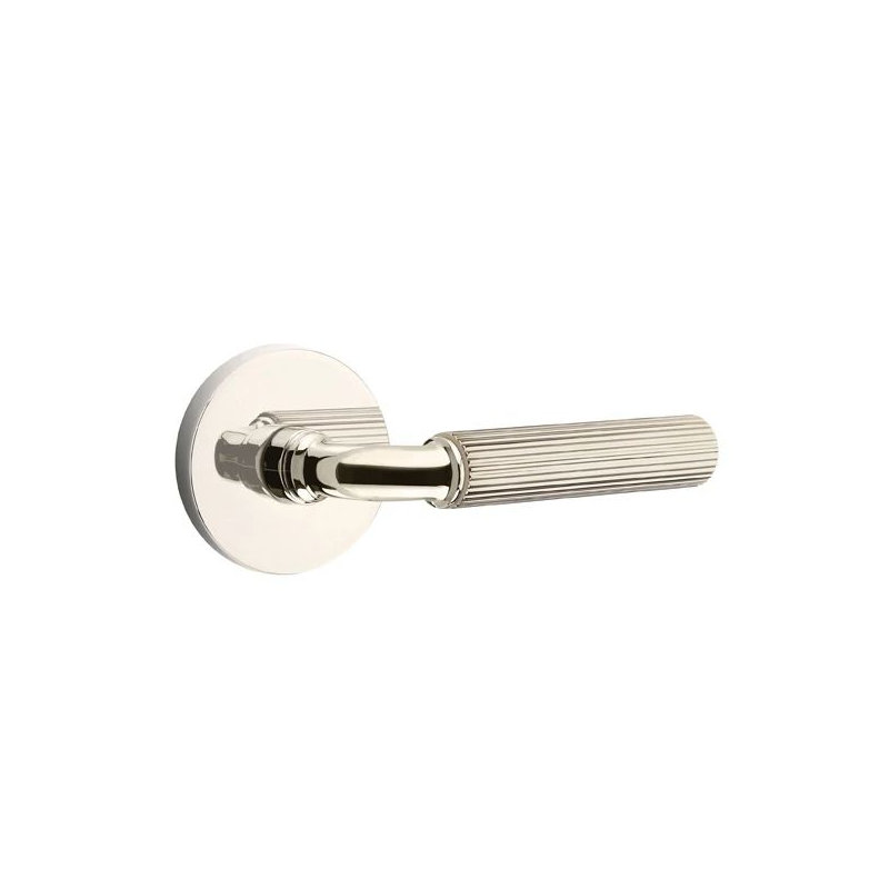 Emtek Select Passage Interior Mortise w/ Disk Rosette & R-Bar Stem, Straight Knurled Lever, Left, Polished Nickel