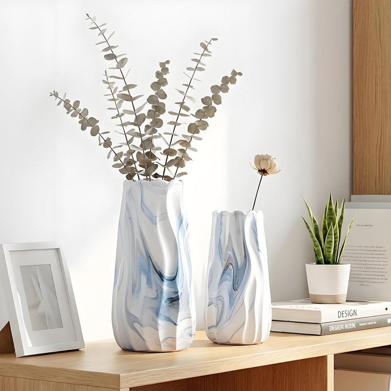 Ensemble de 2 vases en céramique, vases à vagues bleus et blancs, décoration côtière
