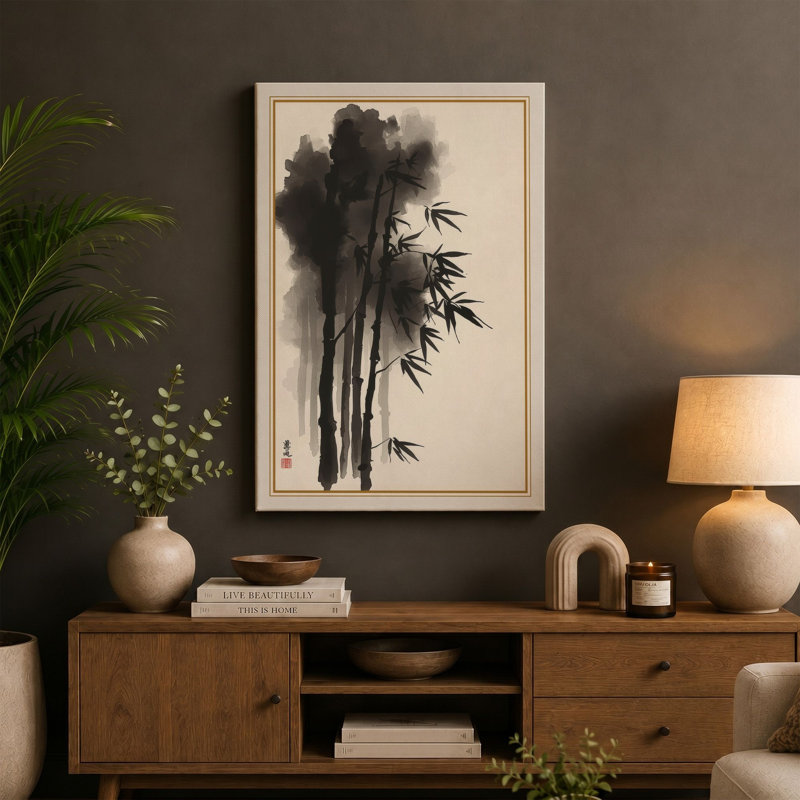 Minimalist Bamboo Japandi - Wrapped Canvas, Terracotta Border, 30x20 - 76.2 x 50.8 cm