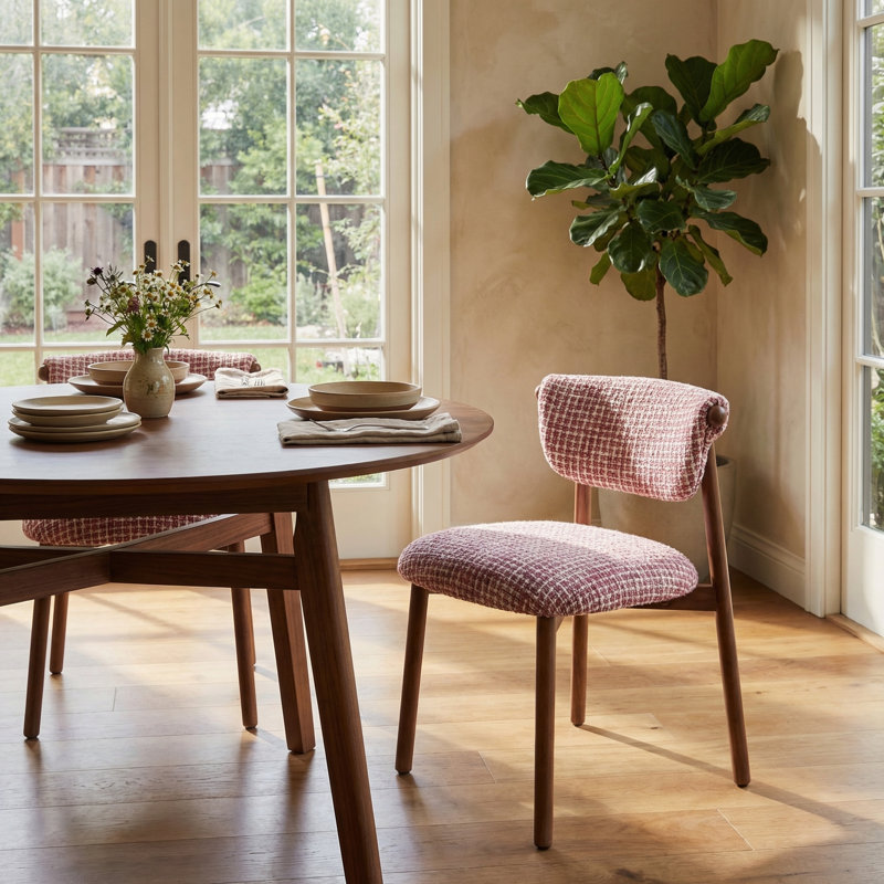 Houndstooth Upholstered Wood-look Metal Frame 2pc Dining Chairs, Pink, Oak Wood