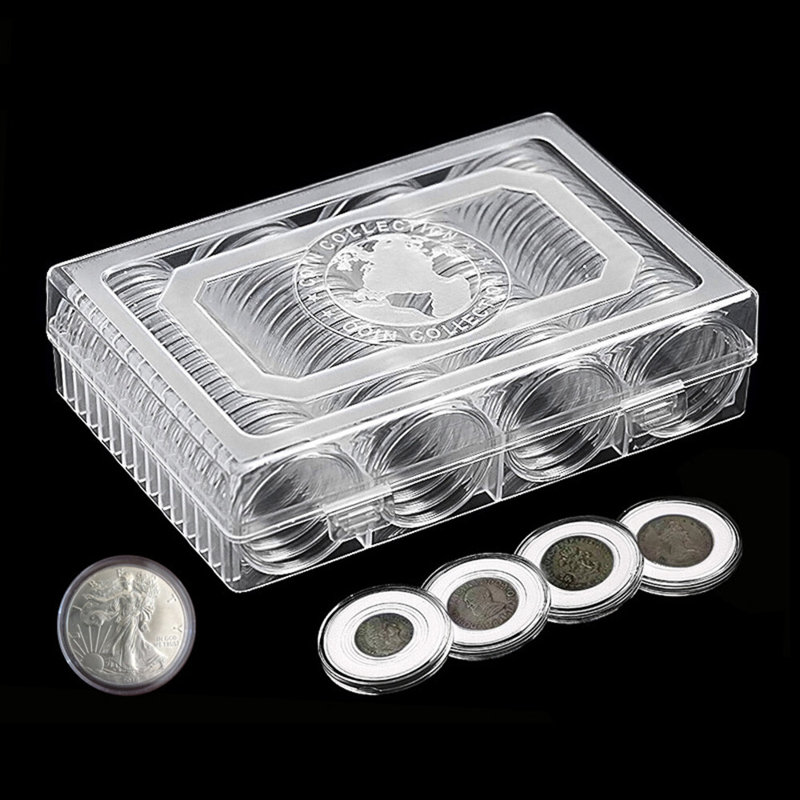 60Pcs 41mm Round Clear Coin Capsules Holder Container Case with Storage Box Collect Coin Storage
