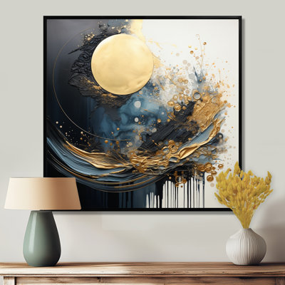 «Golden Full Moon Rising Ocean Waves II», art mural abstrait