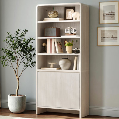 71"H×32"W Modern 6-Tier Bookcase with 2 Doors & Adjustable Shelves & Rounded Edges,White