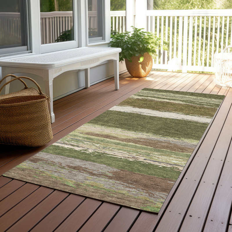 Red and Olive Striped Washable Synthetic Runner Rug 2'3" x 7'6"