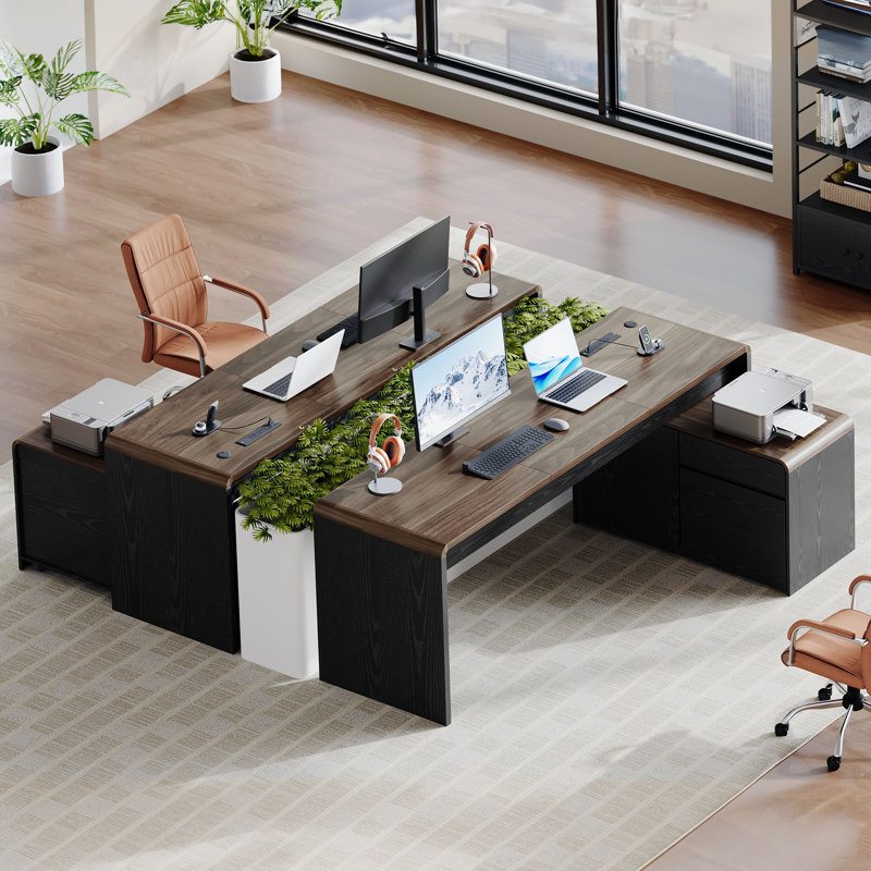 Bureau de direction en forme de L de 78,7 pouces avec armoire de rangement amovible, Brun / Noir