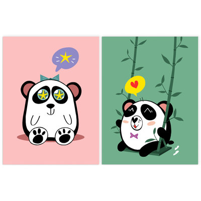 Kids Bedroom Cute Kawaii Boy and Girl Pink and Green Panda Baby Animal 2 Piece Wall Art