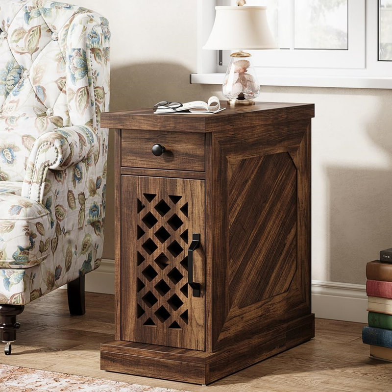 Table de bout rustique étroite avec tiroir et armoire, 11,8 /